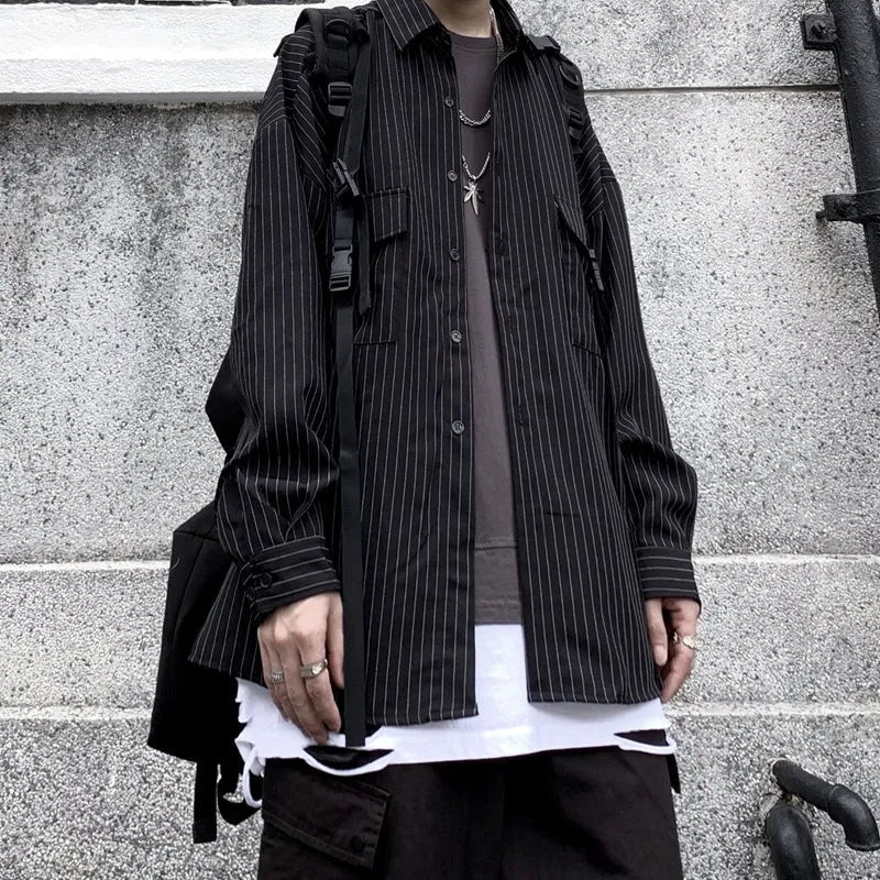 Retro wild striped black long sleeved loose shirt cardigan with square collar for teenagers