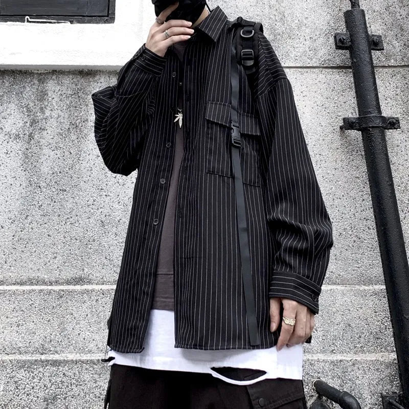 Retro wild striped black long sleeved loose shirt cardigan with square collar for teenagers