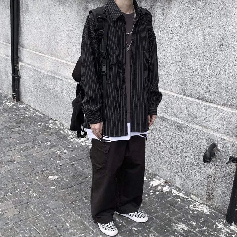 Retro wild striped black long sleeved loose shirt cardigan with square collar for teenagers