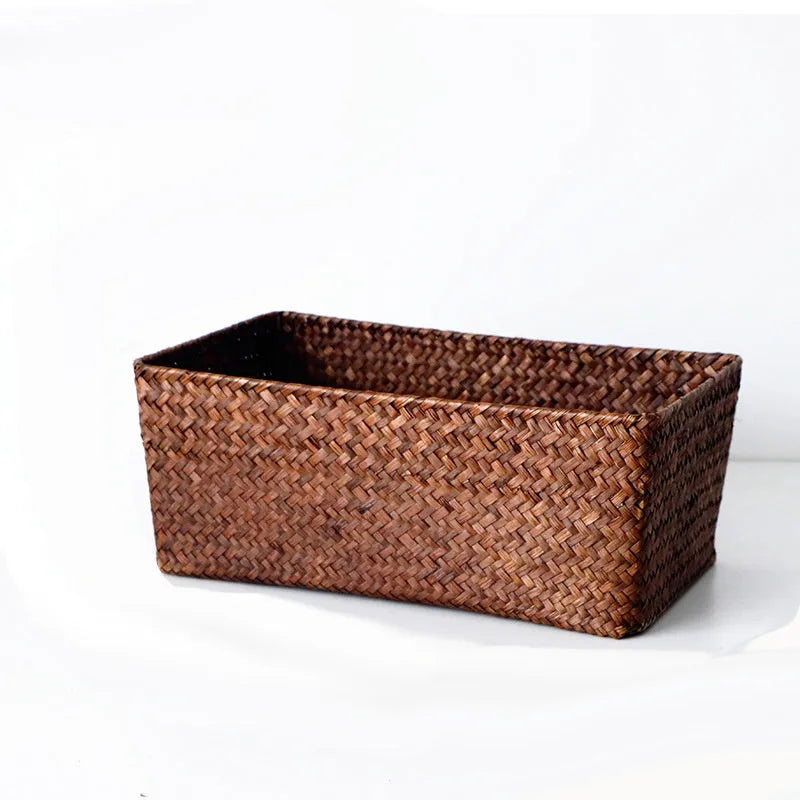 Woven straw storage box organiser with lid for desk pen storage and cosmetic organisation