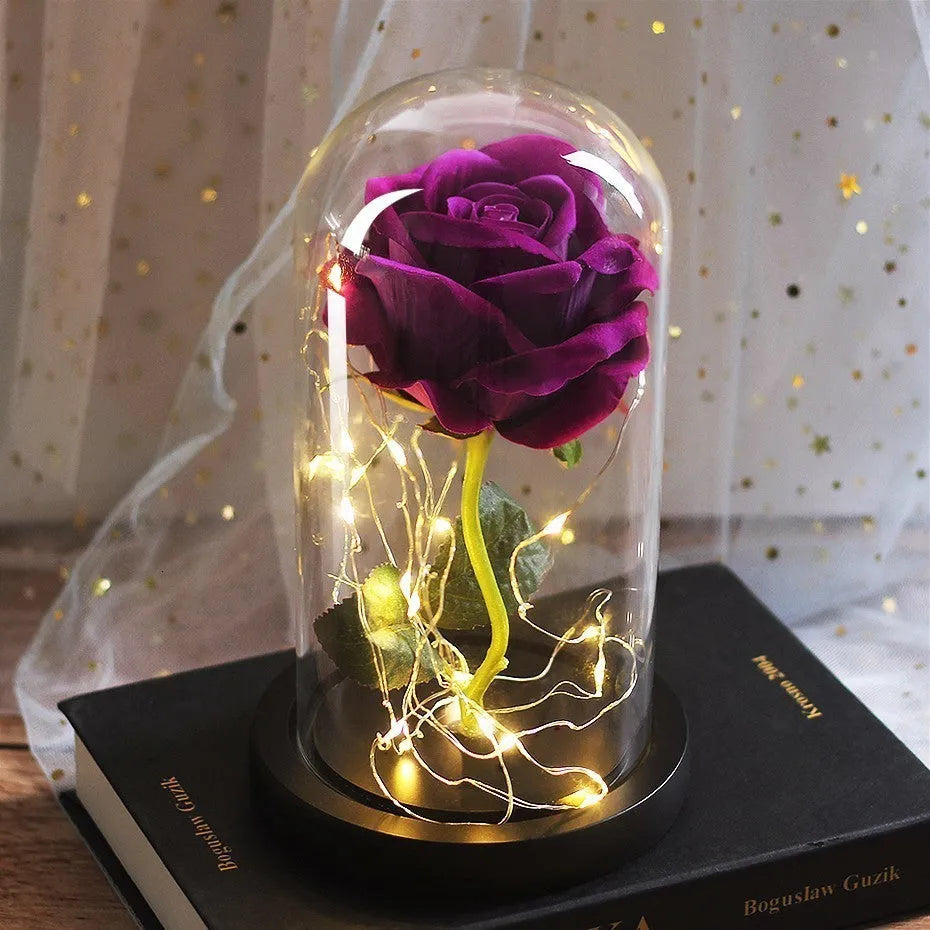 LED illuminated silk flannel rose bouquet with glass cover and warm white lighting