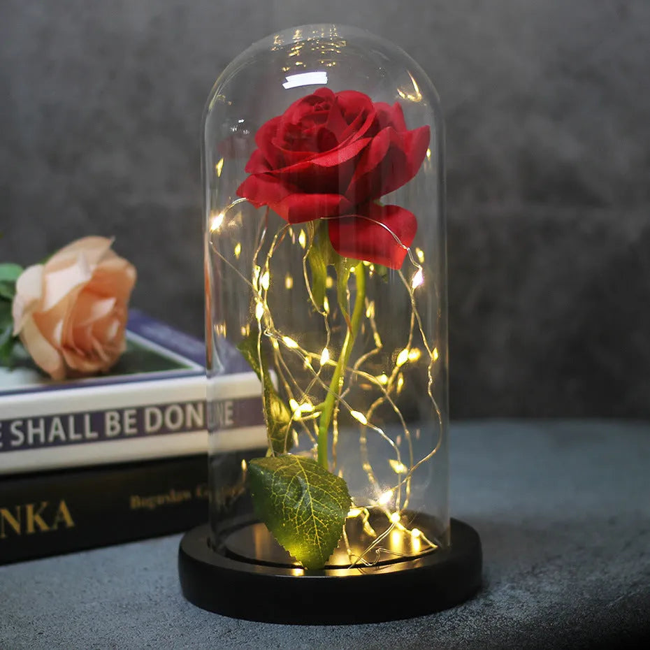 LED illuminated silk flannel rose bouquet with glass cover and warm white lighting