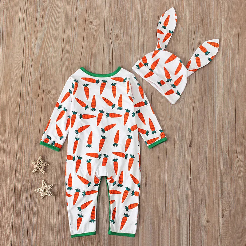 Red cotton Easter baby romper jumpsuit with shoulder buttons, shown on size chart.