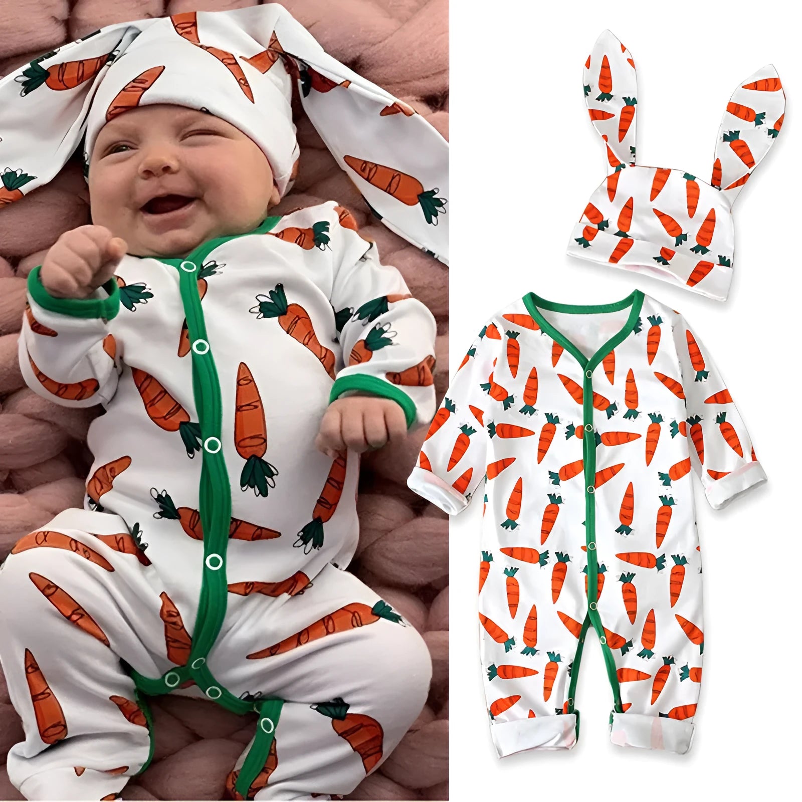 Red cotton Easter baby romper jumpsuit with shoulder buttons, shown on size chart.