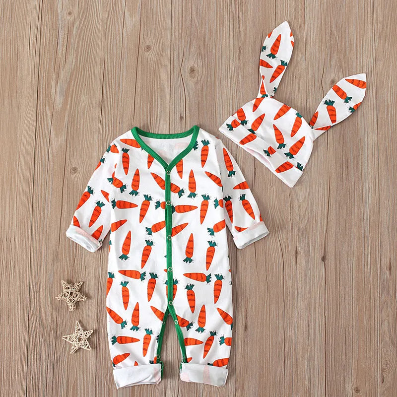 Red cotton Easter baby romper jumpsuit with shoulder buttons, shown on size chart.
