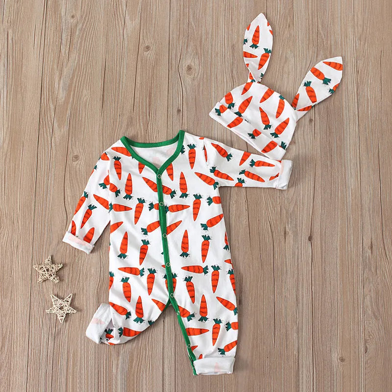 Red cotton Easter baby romper jumpsuit with shoulder buttons, shown on size chart.