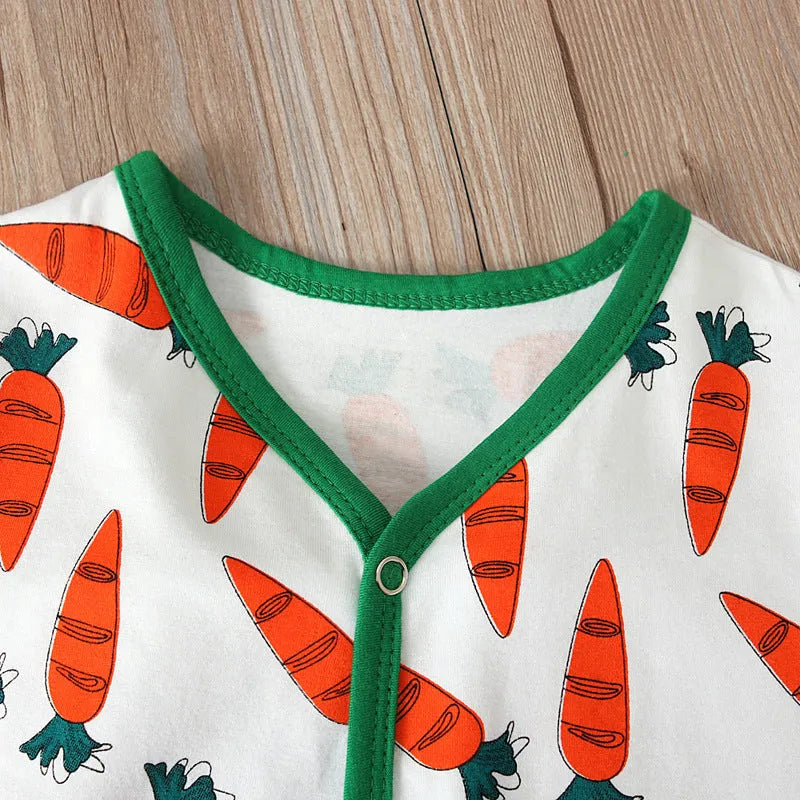 Red cotton Easter baby romper jumpsuit with shoulder buttons, shown on size chart.
