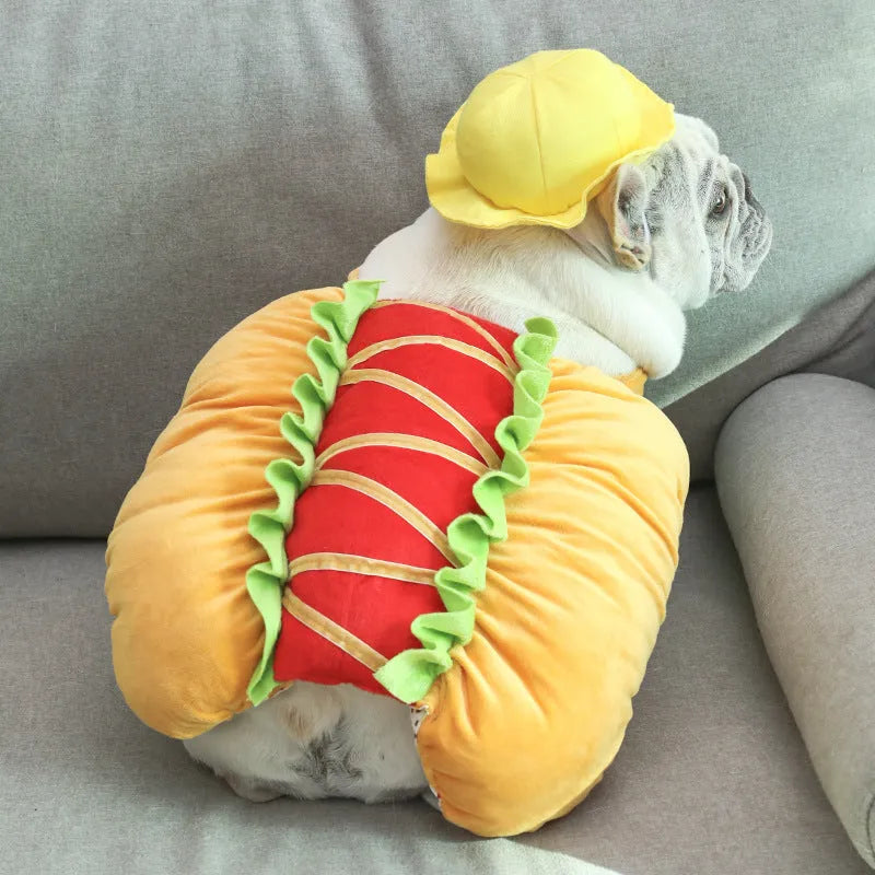 Yellow dog hot dog costume on small dog with 57cm neck and 27cm length cotton synthetic fibre fabric