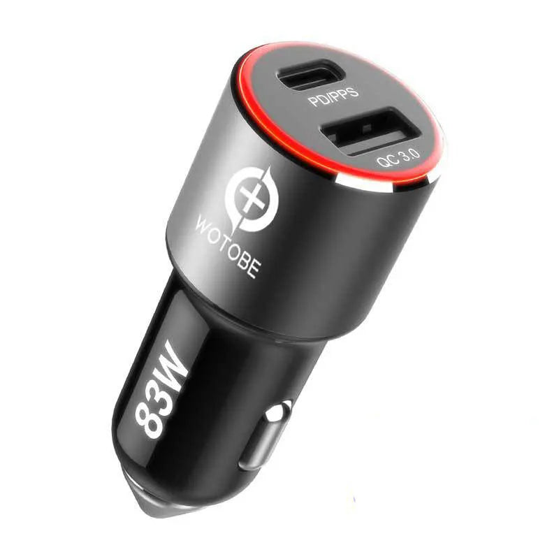 83W dual-port fast car charger showing USB-C and QC3.0 ports on a black housing.