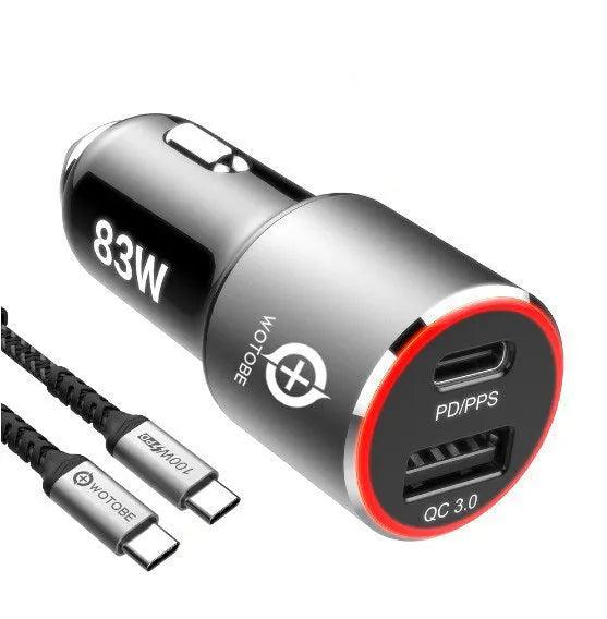 83W dual-port fast car charger showing USB-C and QC3.0 ports on a black housing.