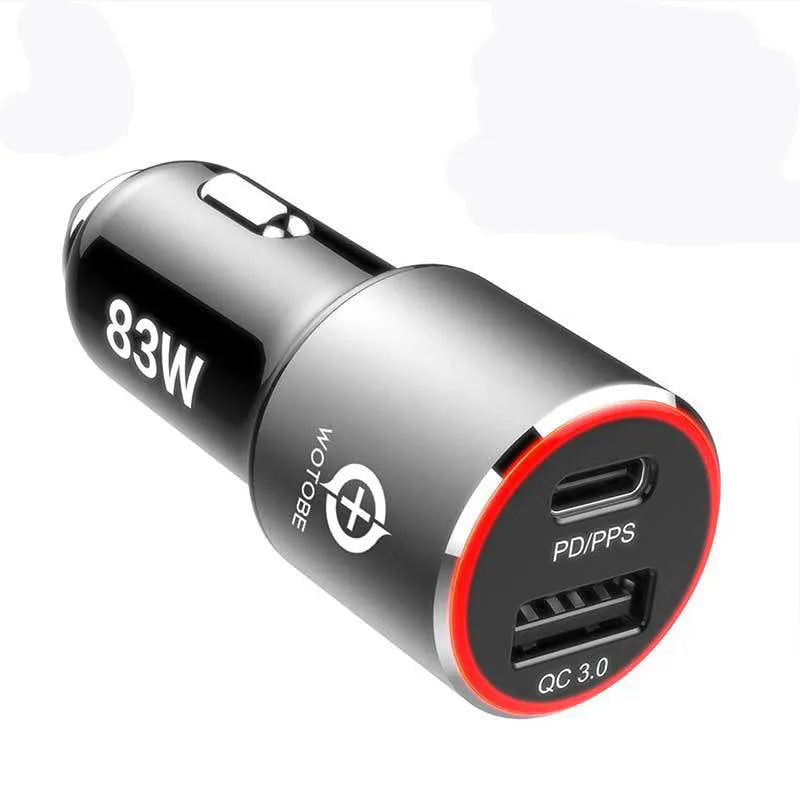83W dual-port fast car charger showing USB-C and QC3.0 ports on a black housing.