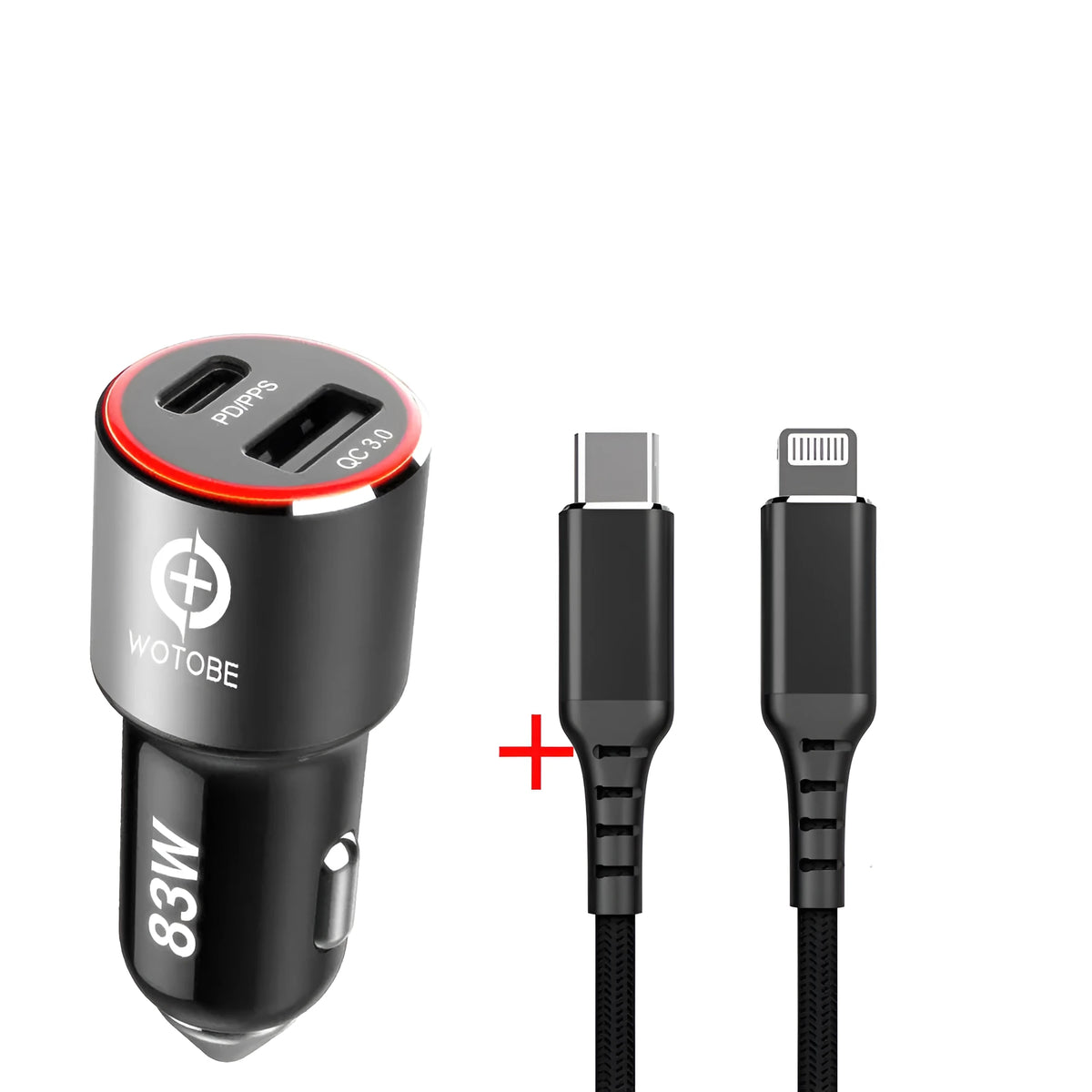 83W dual-port fast car charger showing USB-C and QC3.0 ports on a black housing.