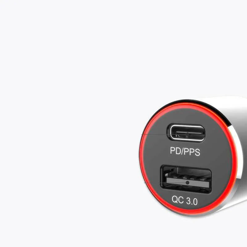 83W dual-port fast car charger showing USB-C and QC3.0 ports on a black housing.