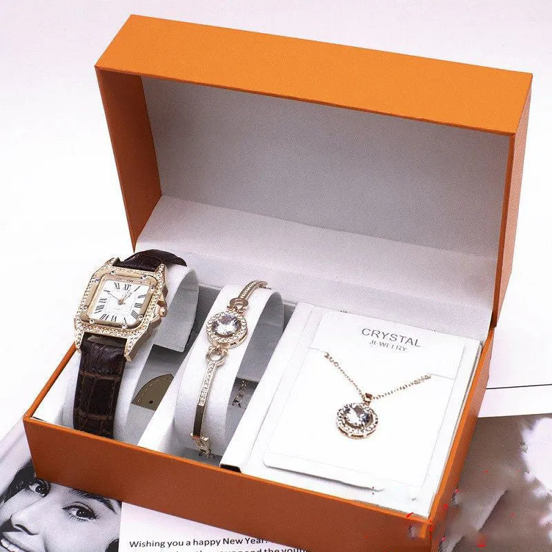 Women's watch set with 32mm dial, alloy case, leather strap, plus matching bracelet and necklace