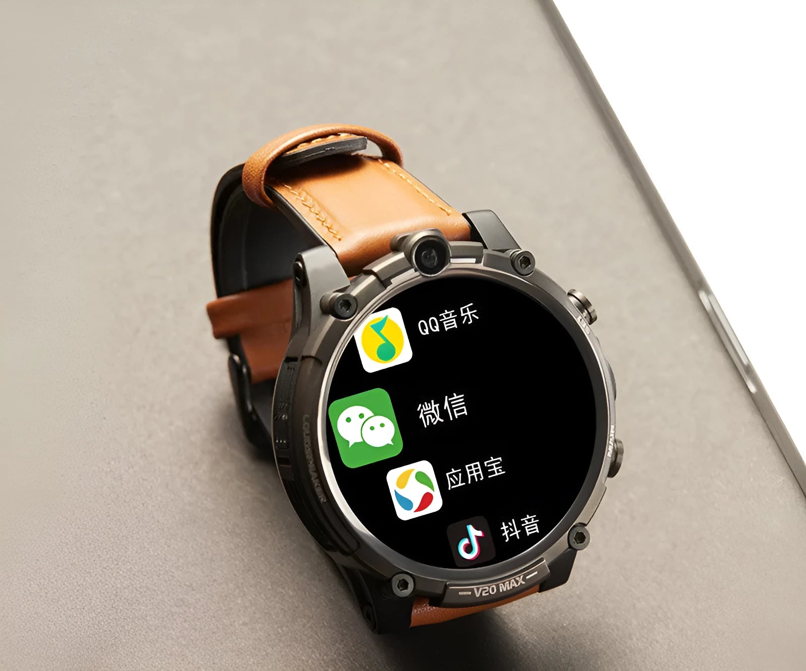 Black smart phone watch with 4G connectivity, heart rate monitoring and dual cameras on wrist strap