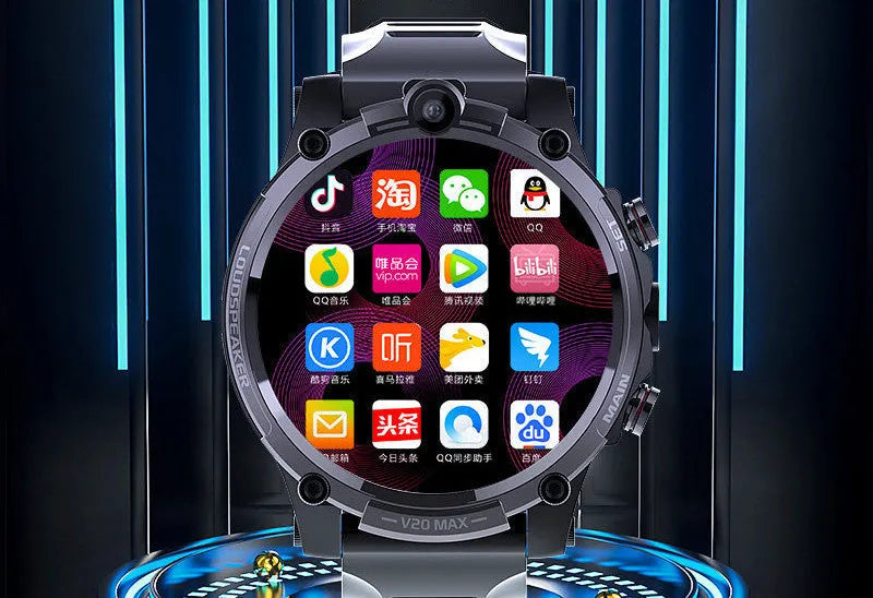 Black smart phone watch with 4G connectivity, heart rate monitoring and dual cameras on wrist strap