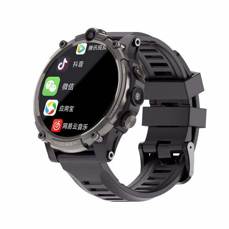 Black smart phone watch with 4G connectivity, heart rate monitoring and dual cameras on wrist strap