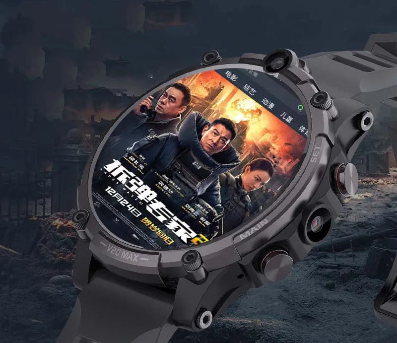 Black smart phone watch with 4G connectivity, heart rate monitoring and dual cameras on wrist strap