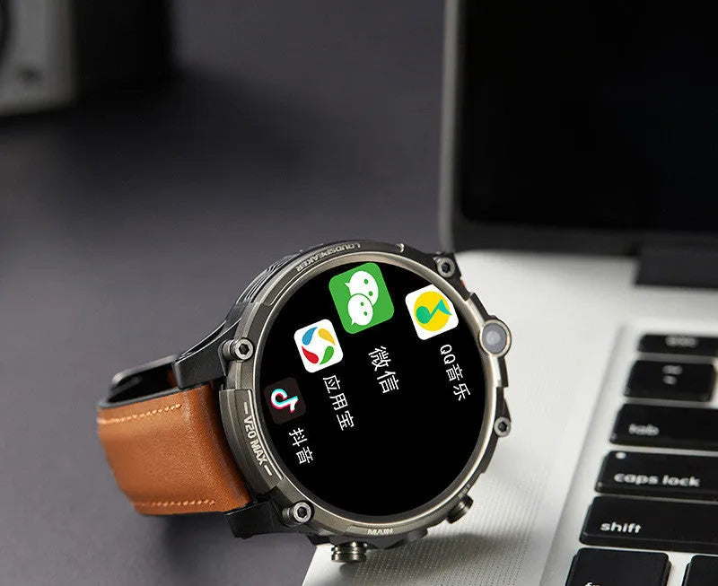 Black smart phone watch with 4G connectivity, heart rate monitoring and dual cameras on wrist strap