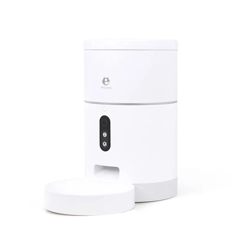 White smart WiFi pet feeder with 1080p camera and 4L capacity on a kitchen counter