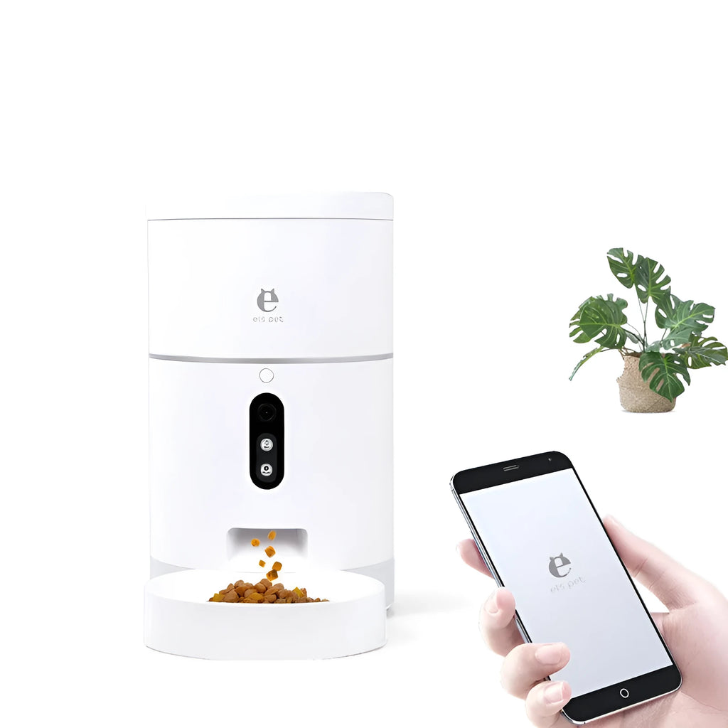 White smart WiFi pet feeder with 1080p camera and 4L capacity on a kitchen counter