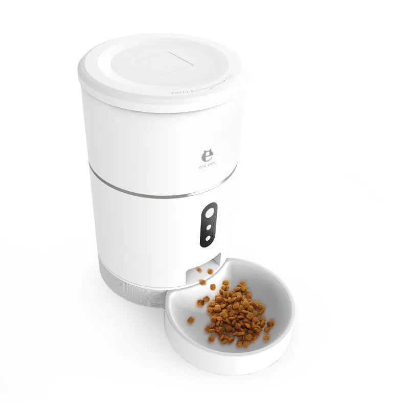 White smart WiFi pet feeder with 1080p camera and 4L capacity on a kitchen counter