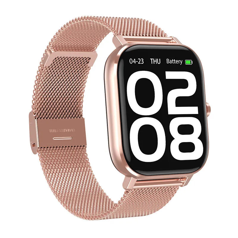 Dt35 smart watch with colour screen and silicone wristband on a wrist, showing call interface.