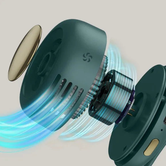 Mini clip fan in green with 900mAh battery, USB Type-C charging, and leafless design