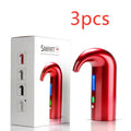Portable electric wine decanter in black, red, or white with automatic pourer and red light.