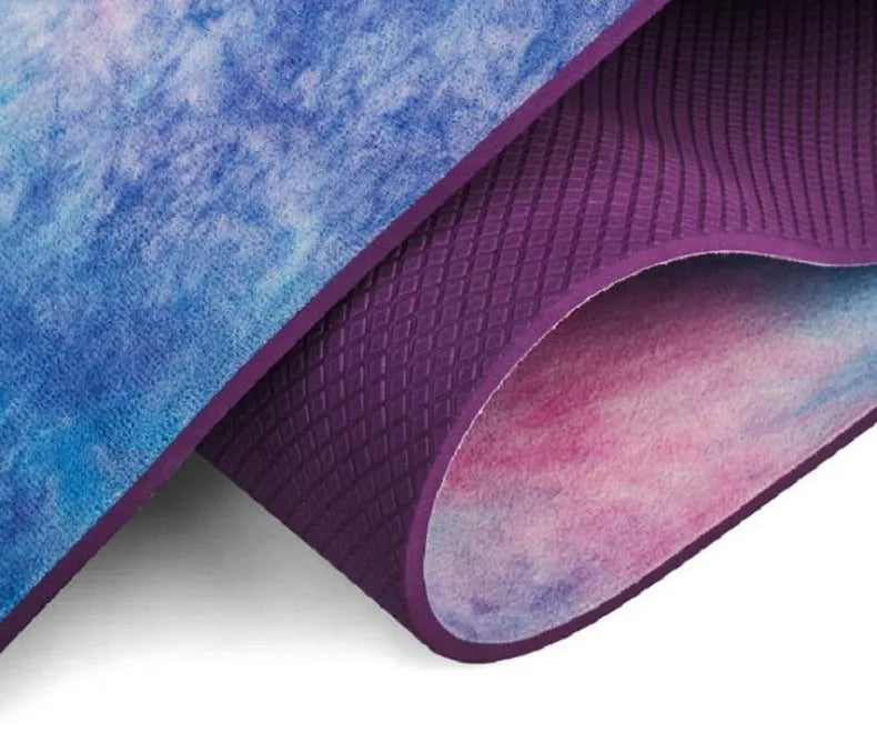 TPE yoga mat 5mm thick with tie-dyed suede top in Symphony Purple and Symphony Pink colours