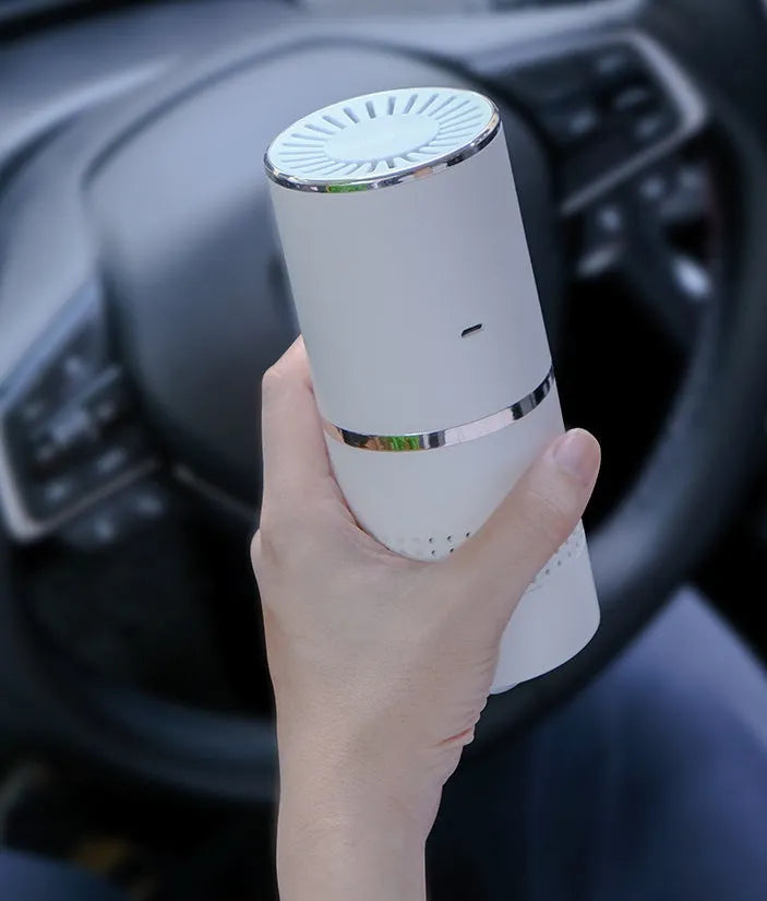 Anion car air purifier in creamy white or green with composite filter, 30 dB, USB and car power supply