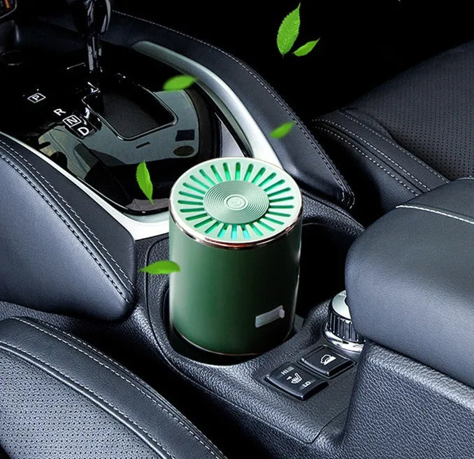Anion car air purifier in creamy white or green with composite filter, 30 dB, USB and car power supply