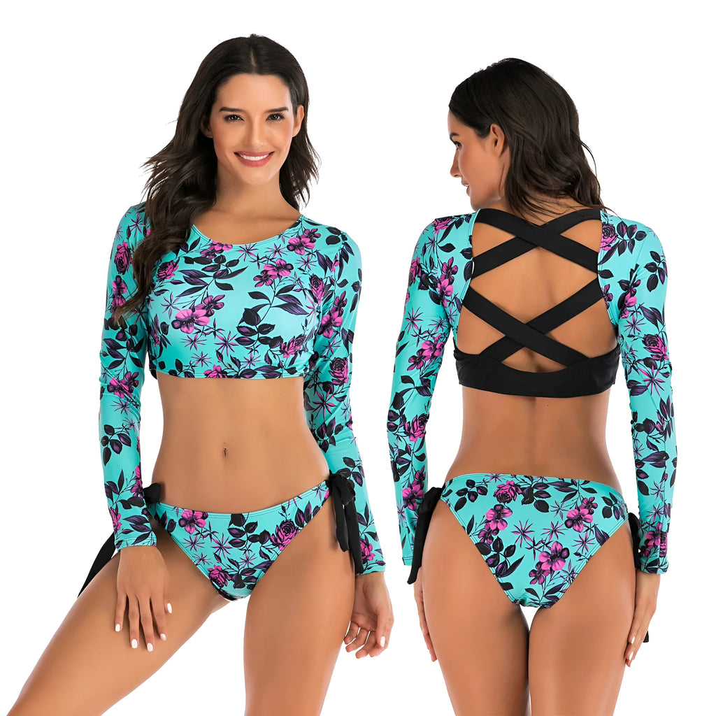 Blue women's split long-sleeve surfing swimsuit with floral pattern on polyester fabric