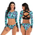 Blue women's split long-sleeve surfing swimsuit with floral pattern on polyester fabric
