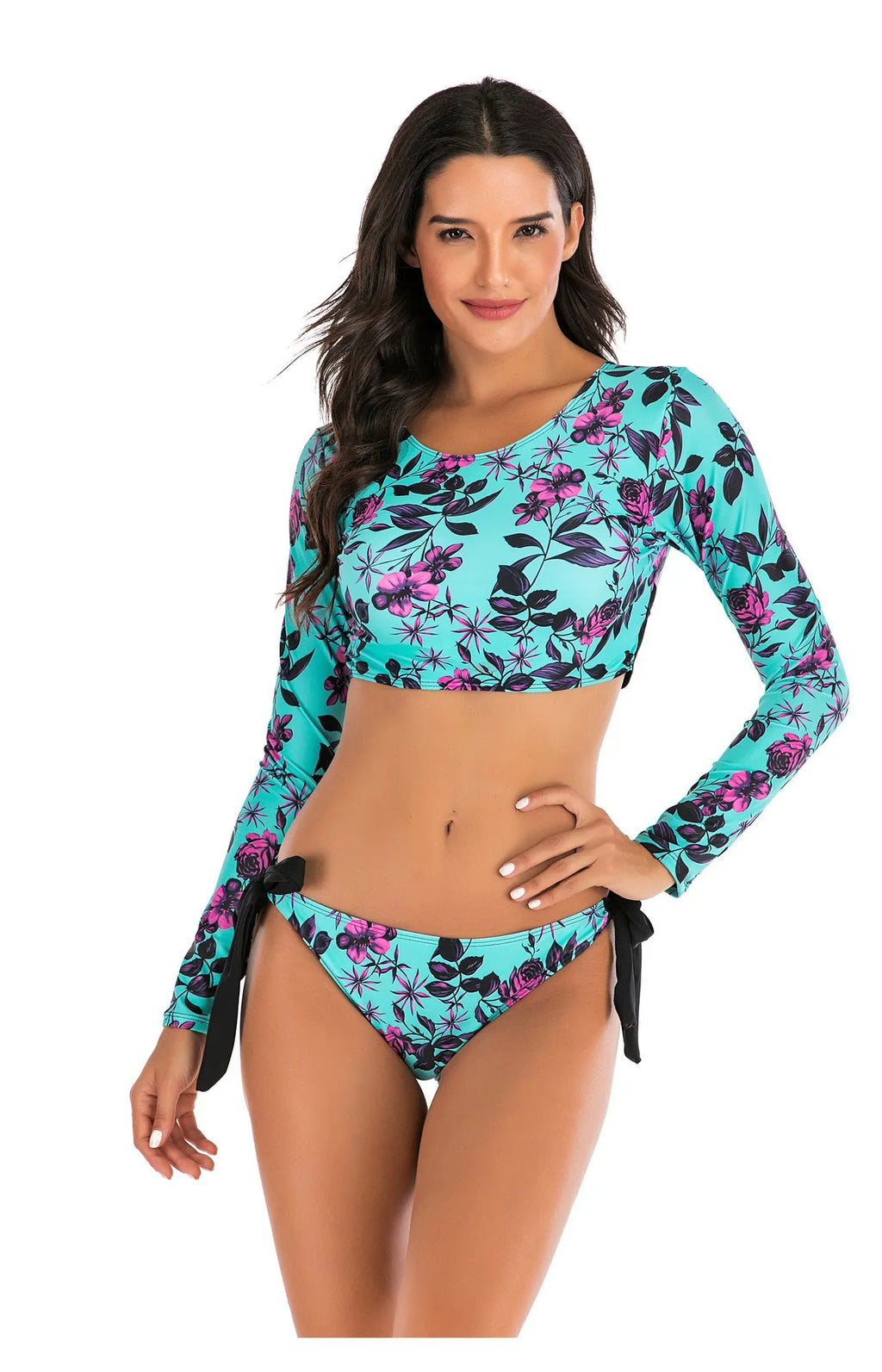 Blue women's split long-sleeve surfing swimsuit with floral pattern on polyester fabric