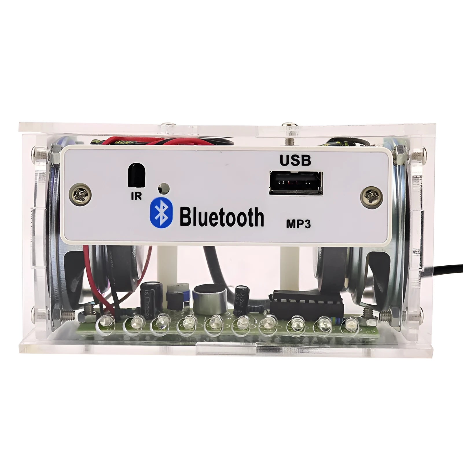 Bluetooth speaker DIY kit with transparent acrylic shell and electronic components for assembly