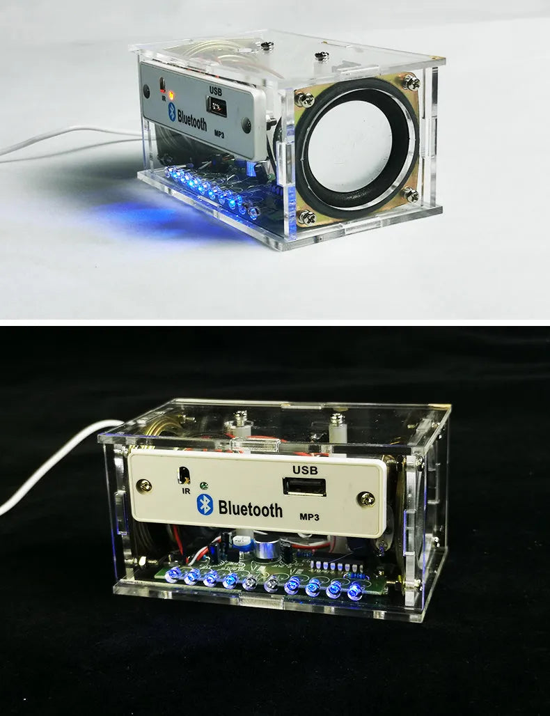 Bluetooth speaker DIY kit with transparent acrylic shell and electronic components for assembly