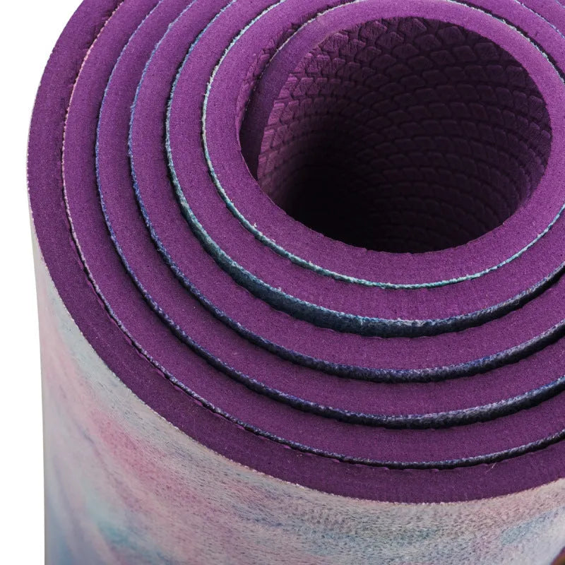 TPE yoga mat 5mm thick with tie-dyed suede top in Symphony Purple and Symphony Pink colours