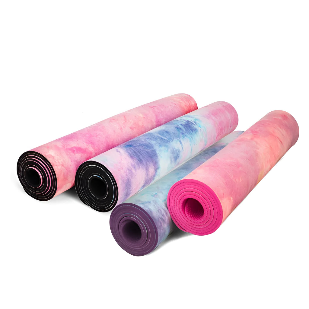 TPE yoga mat 5mm thick with tie-dyed suede top in Symphony Purple and Symphony Pink colours