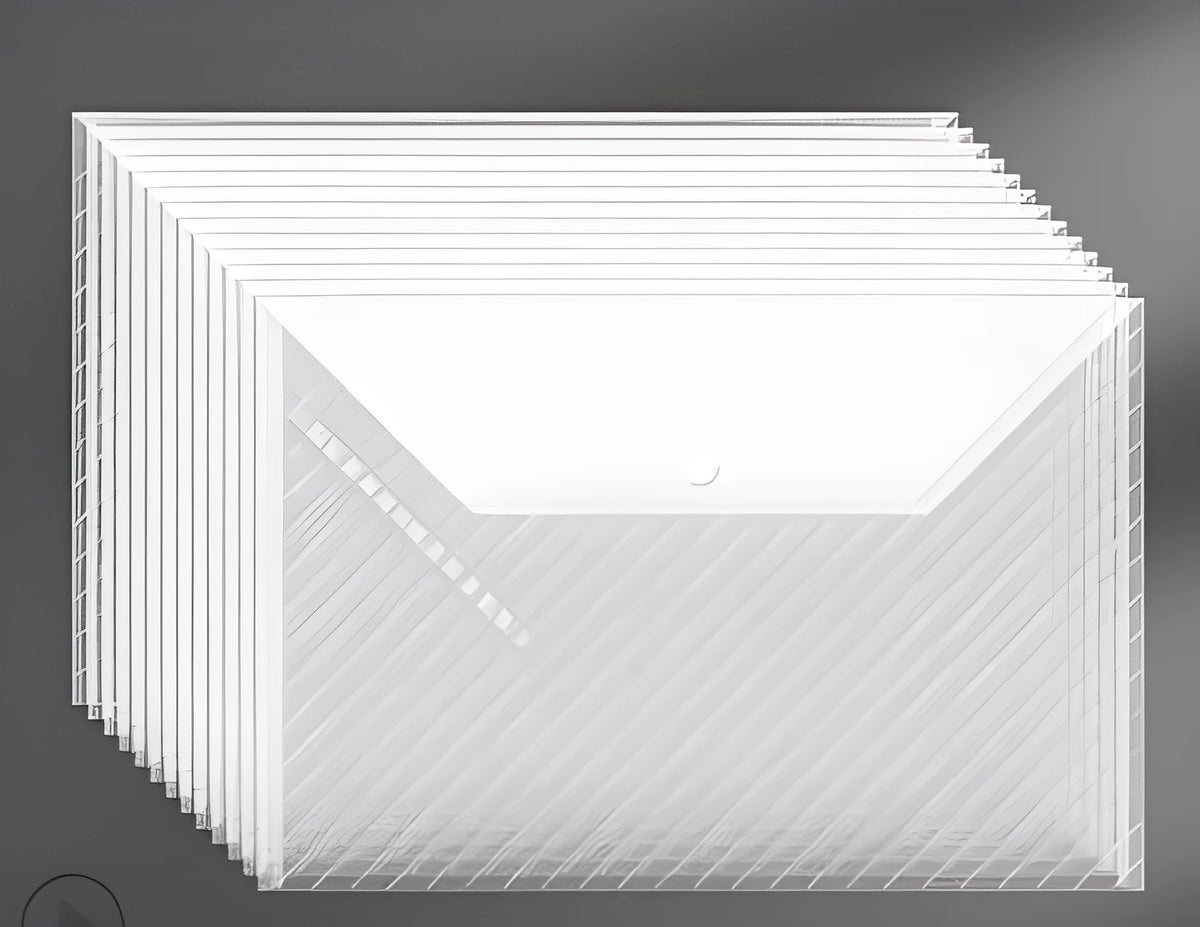 Transparent plastic A4 file bag with snap closure showing document storage capacity