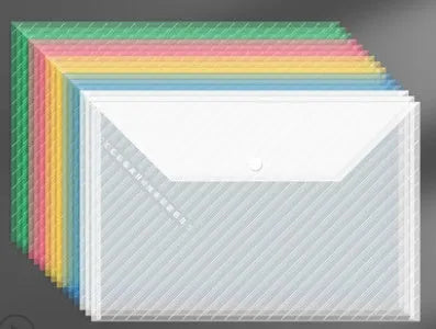 Transparent plastic A4 file bag with snap closure showing document storage capacity