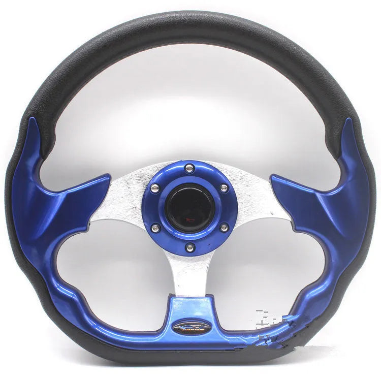 520mm multicolor PU racing steering wheel in black with red stitching on white background