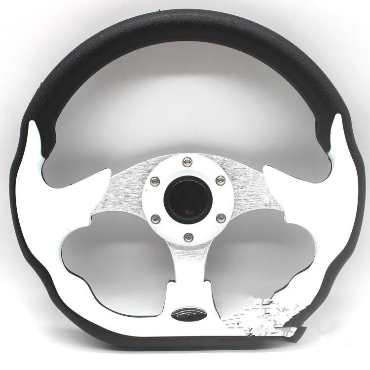 520mm multicolor PU racing steering wheel in black with red stitching on white background
