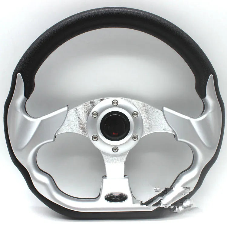 520mm multicolor PU racing steering wheel in black with red stitching on white background