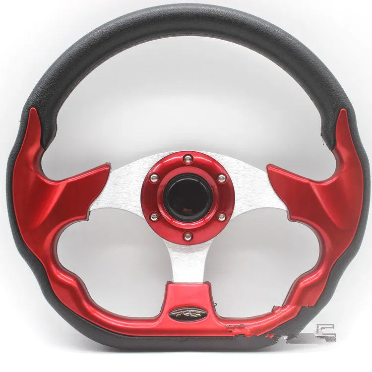520mm multicolor PU racing steering wheel in black with red stitching on white background