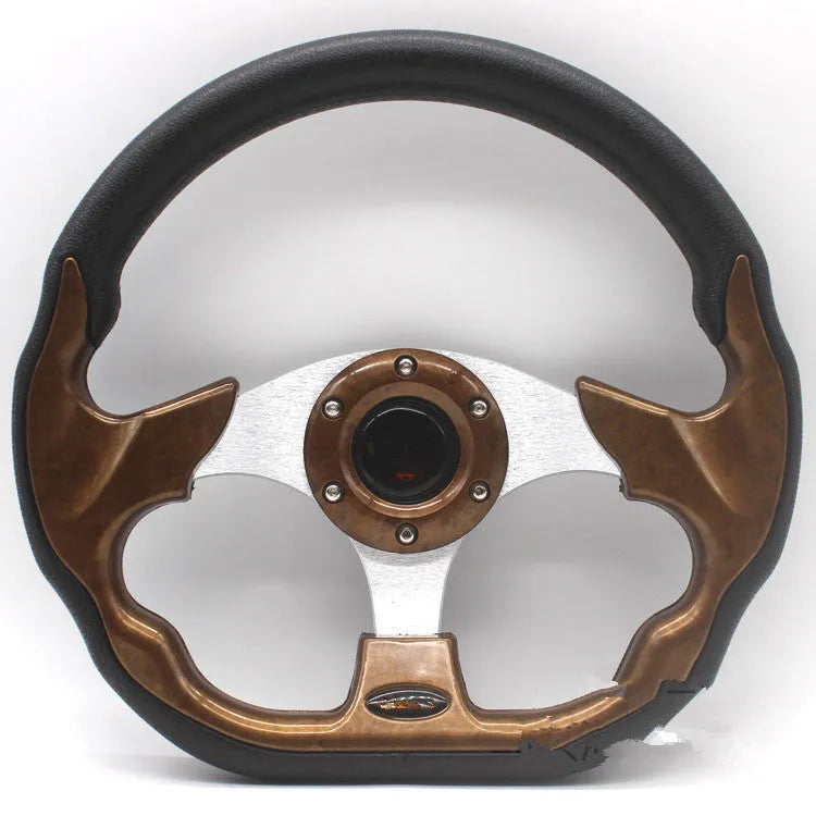 520mm multicolor PU racing steering wheel in black with red stitching on white background