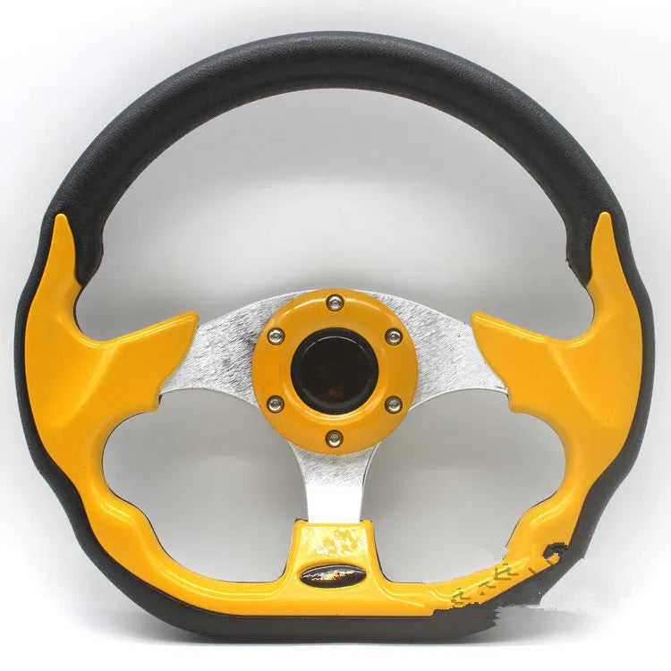 520mm multicolor PU racing steering wheel in black with red stitching on white background