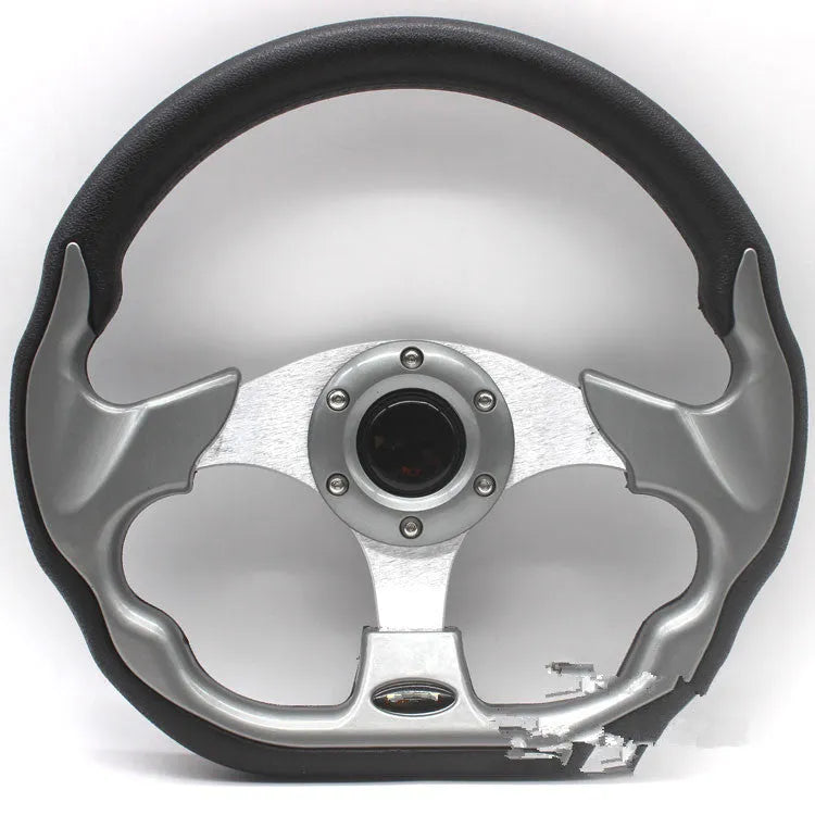 520mm multicolor PU racing steering wheel in black with red stitching on white background