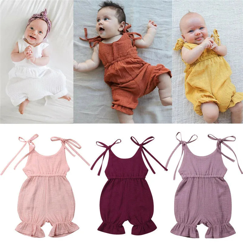 Sleeveless solid cotton romper jumpsuit for baby girls, available in multiple colours and sizes 70 to 110