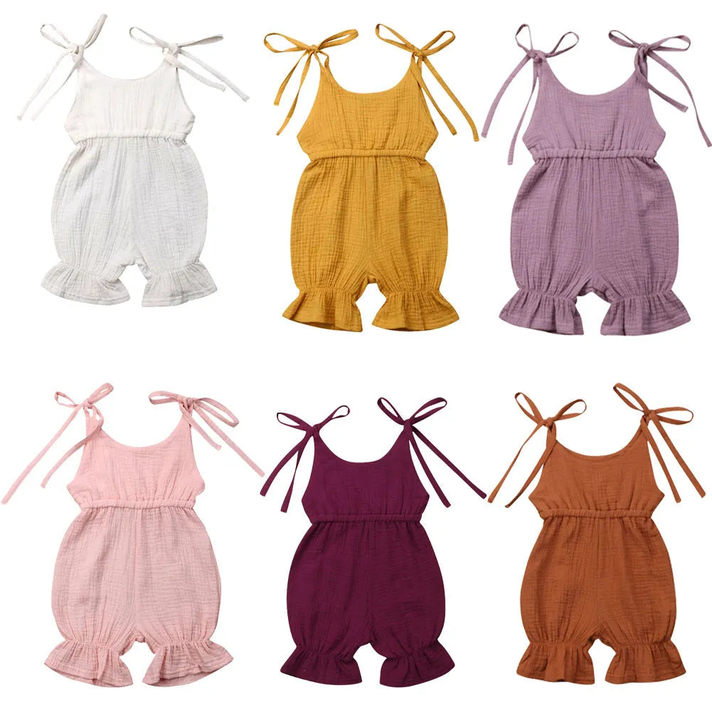 Sleeveless solid cotton romper jumpsuit for baby girls, available in multiple colours and sizes 70 to 110